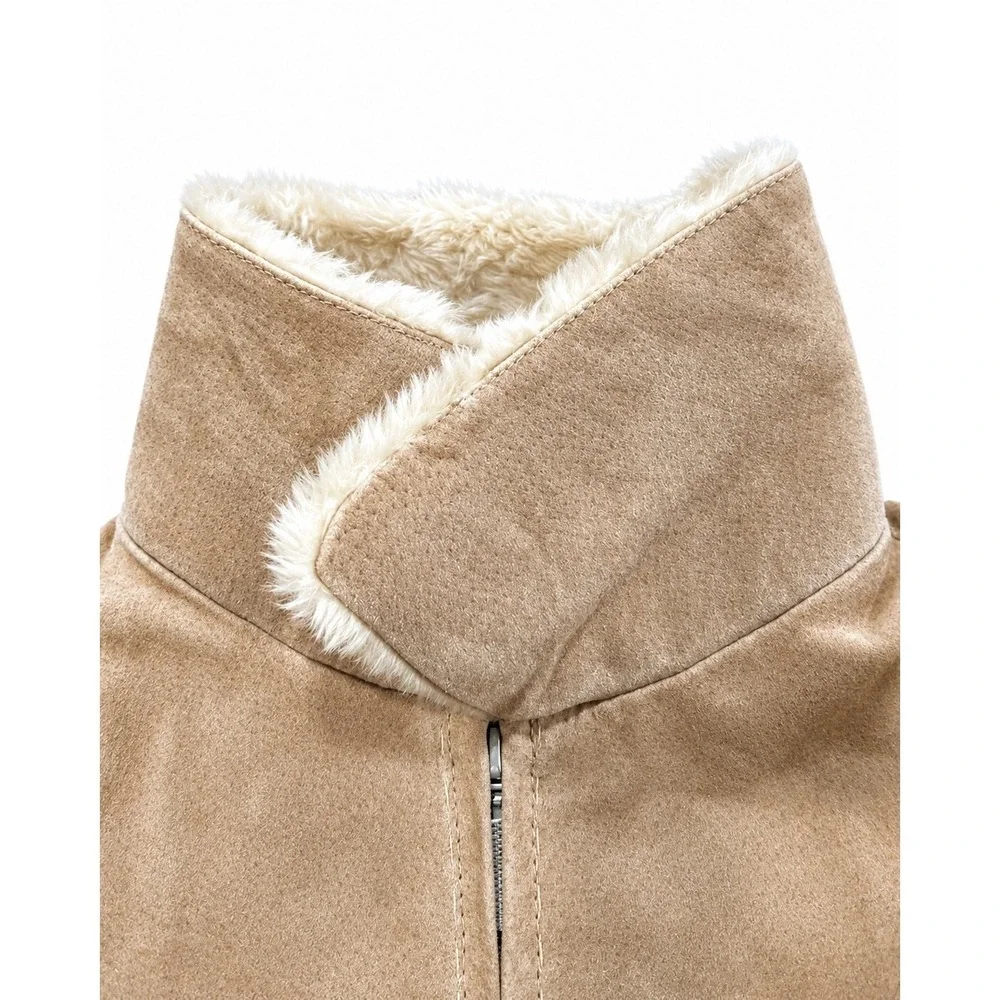 Womens Medium Genuine Leather Suede Jacket Y2K Shearling Penny Lane Funnel Neck
